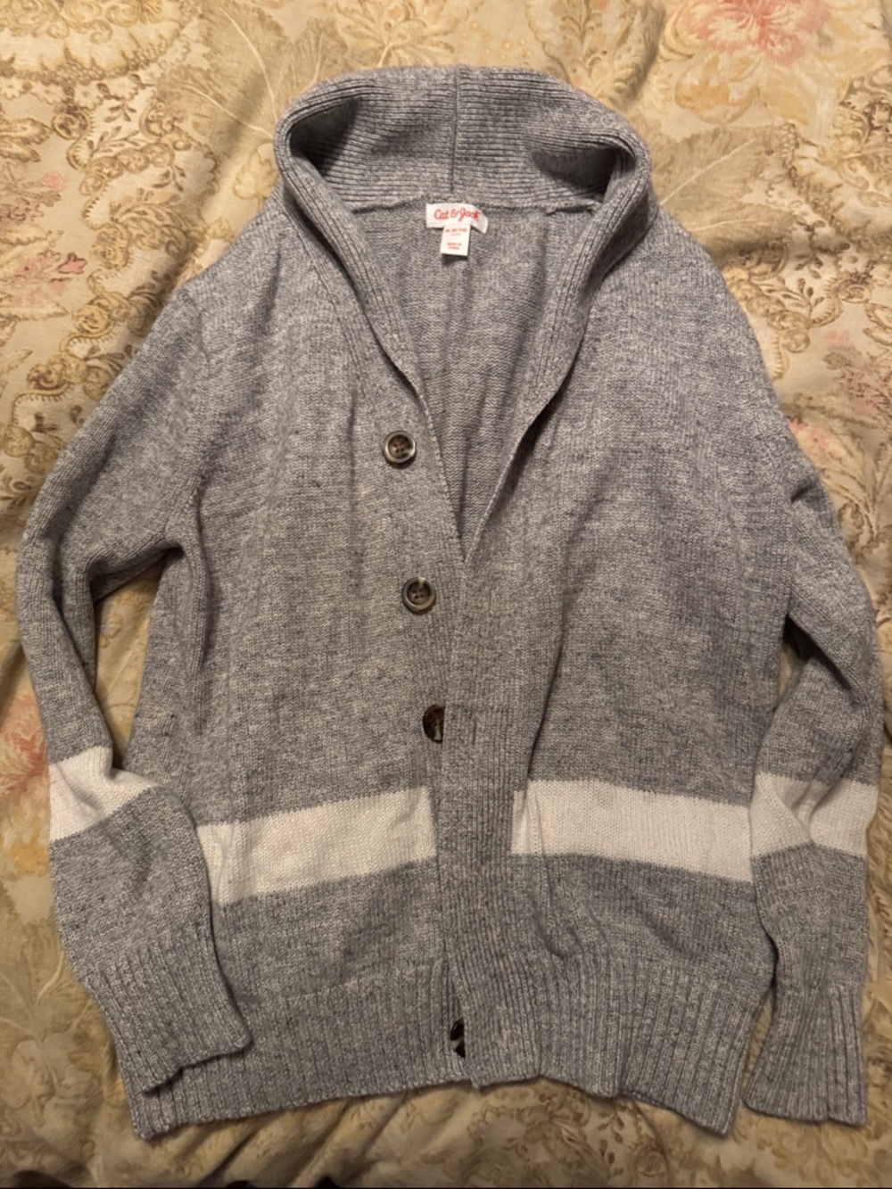 Cat & Jack Gray Hooded Button-Front Cardigan with White Stripe Accents